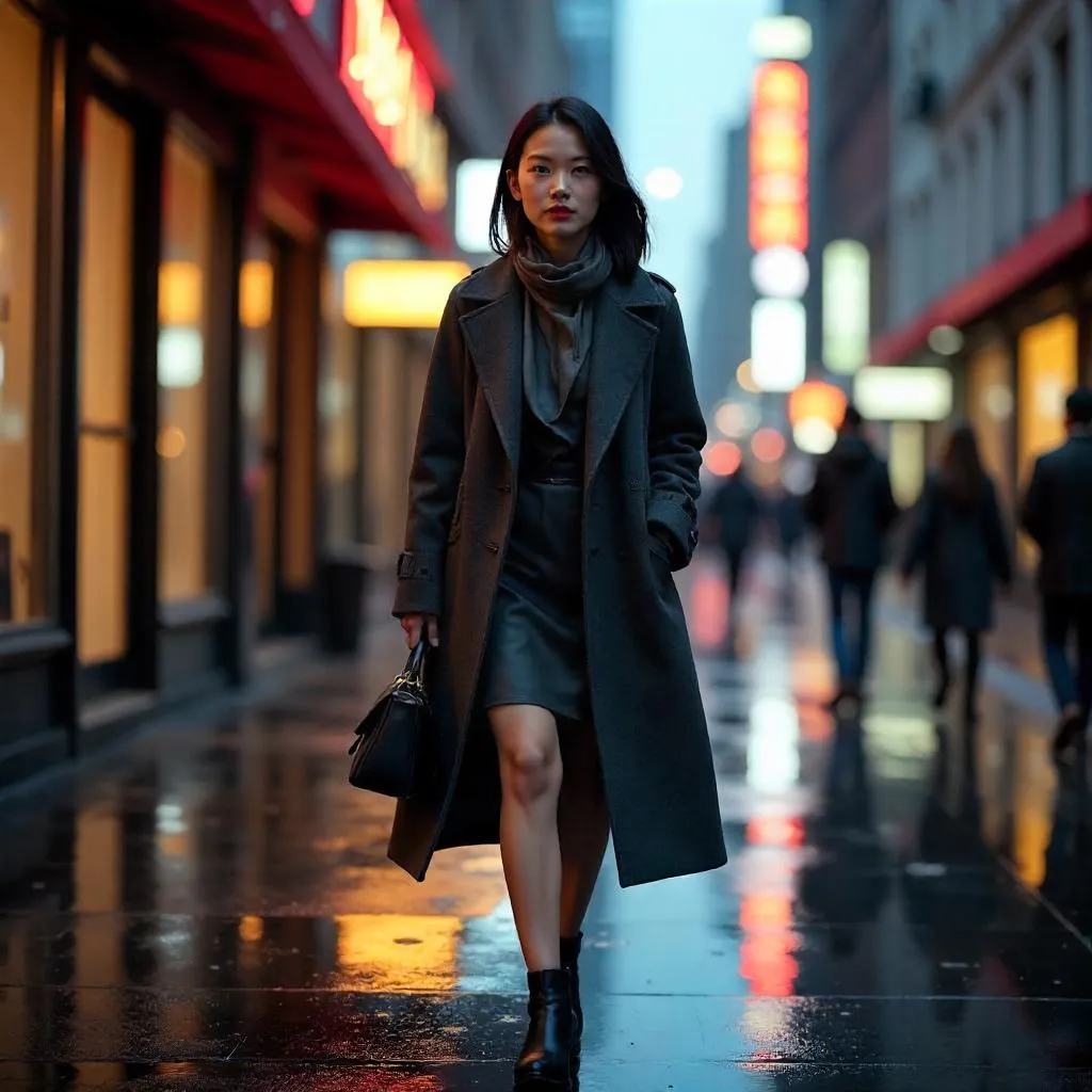 Elegant Asian Woman on a Neon City Street
