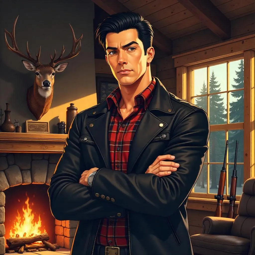 Confident Asian Man in a Hunting Lodge, Anime Style