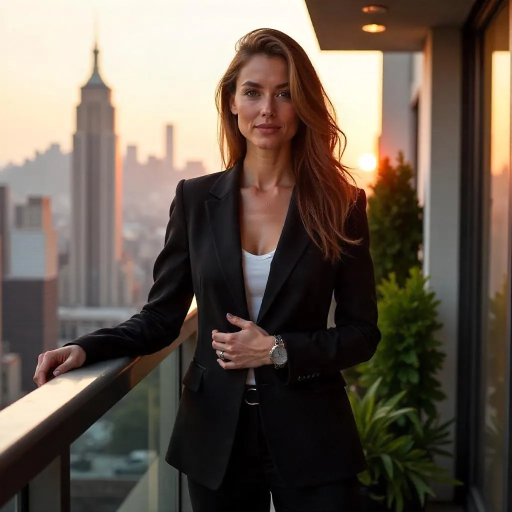 Confident White Woman on a Balcony, Photorealistic