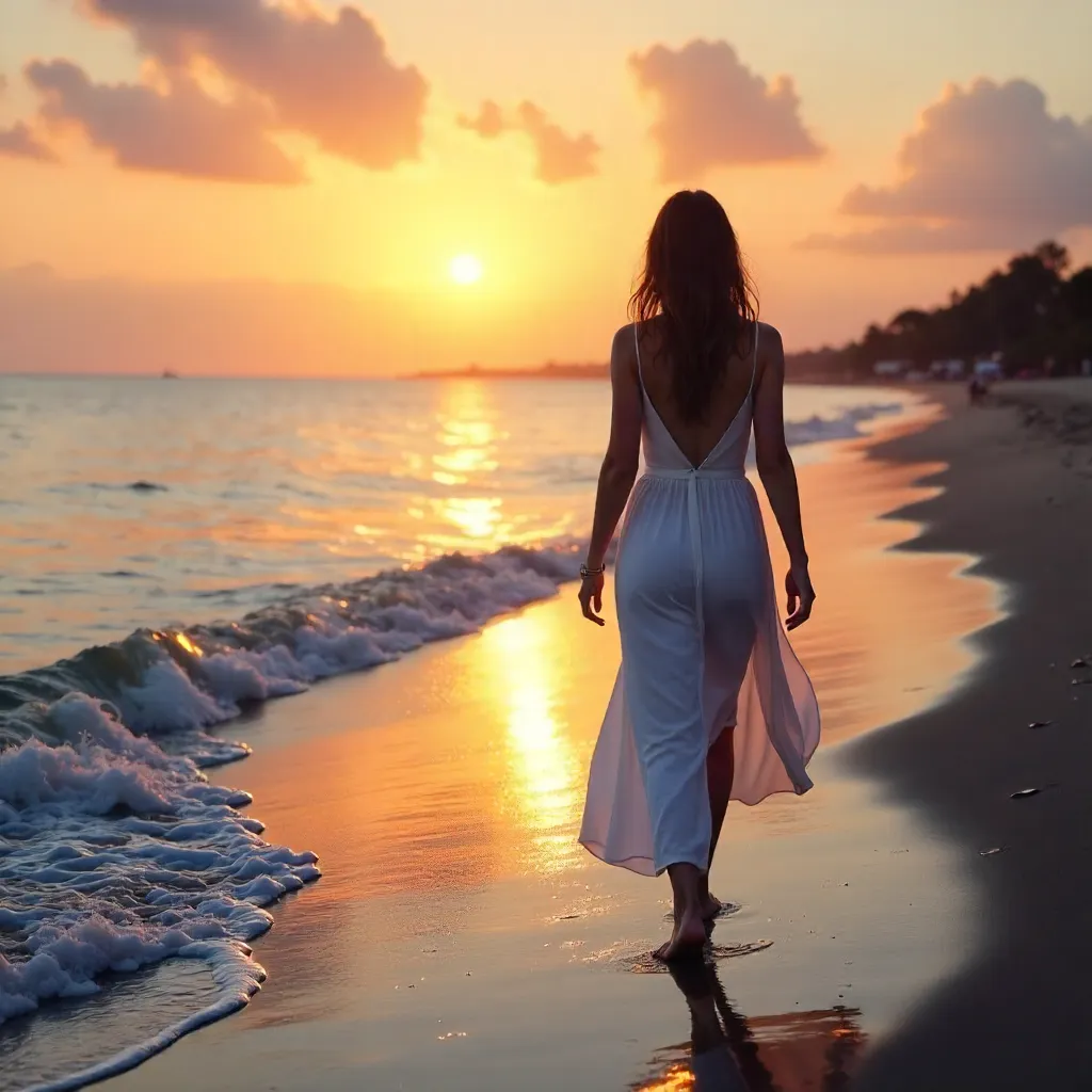 Barefoot at Sunset: Woman in White Dress