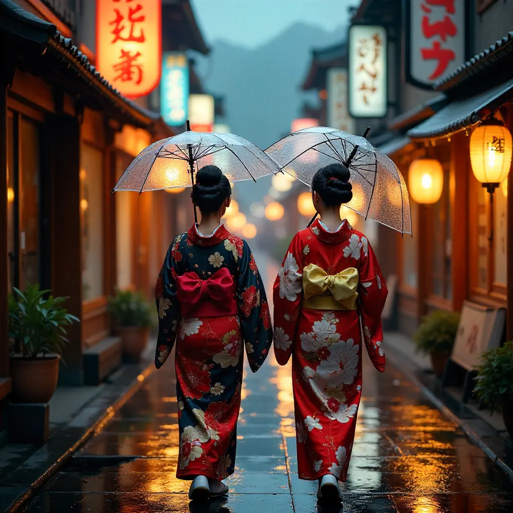Two Women in Kimonos Under a Clear Umbrella in Kyoto Rain