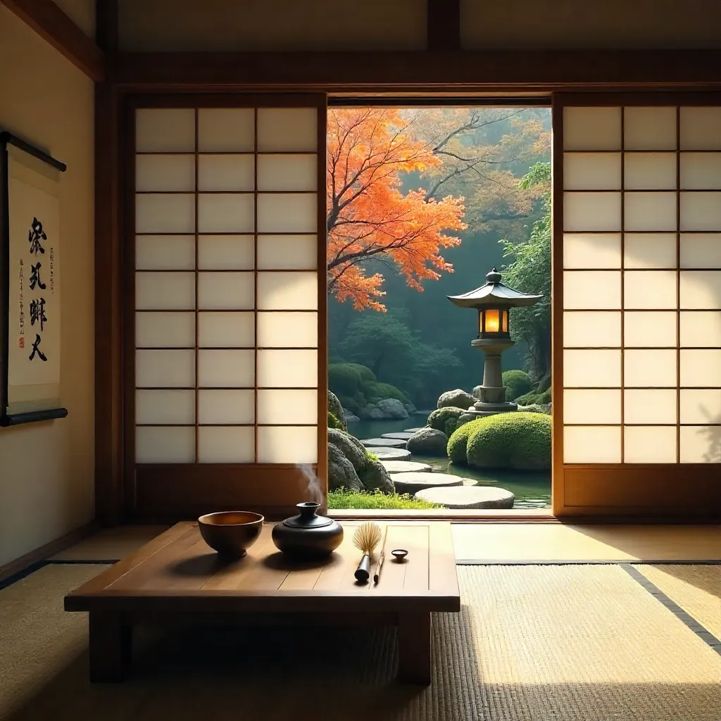 Serene Tea Room with Garden View Through Sliding Doors