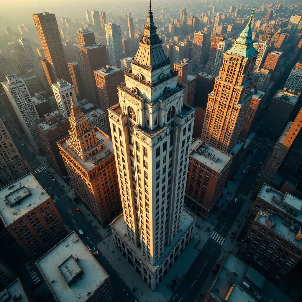 Aerial View of a Classic Skyscraper at Golden Hour