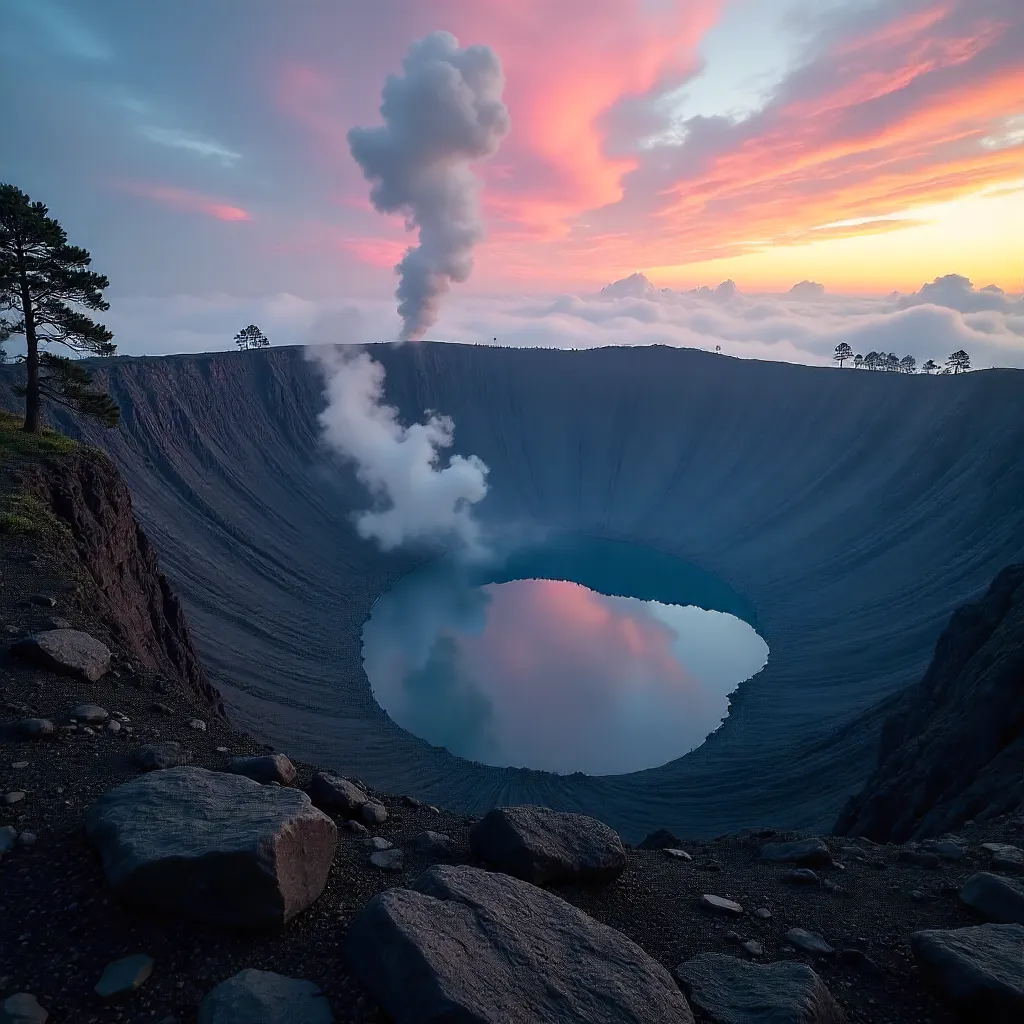 Mist-Shrouded Volcanic Crater: Dramatic Landscape
