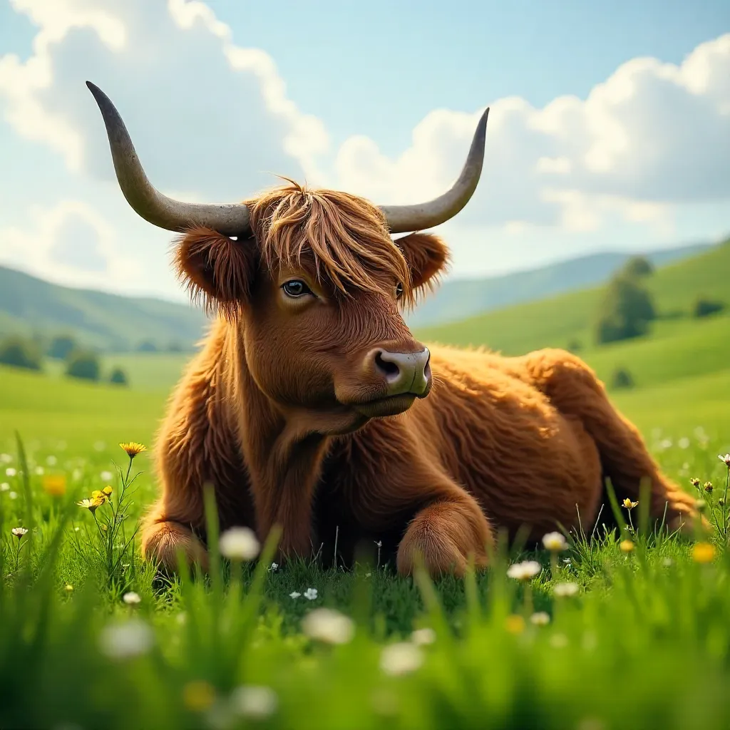 Resting Highland Cow in a Sunlit Meadow