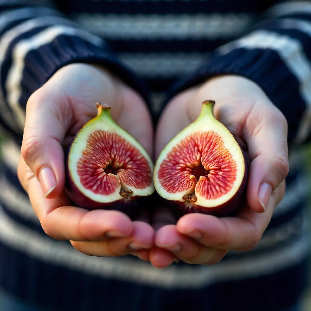 Close-up figs against striped sweater in Piran