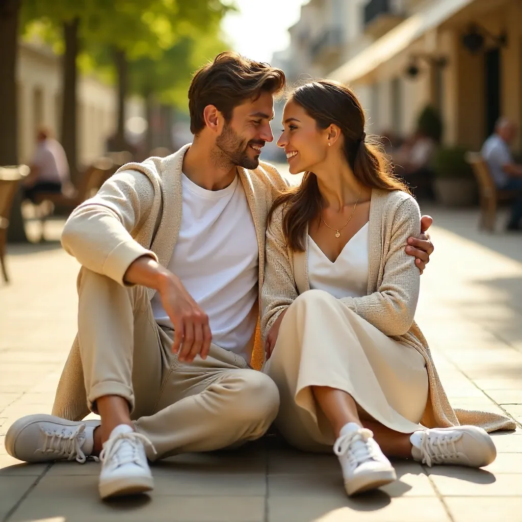 Beige and White Casual Couple on Paved Courtyard