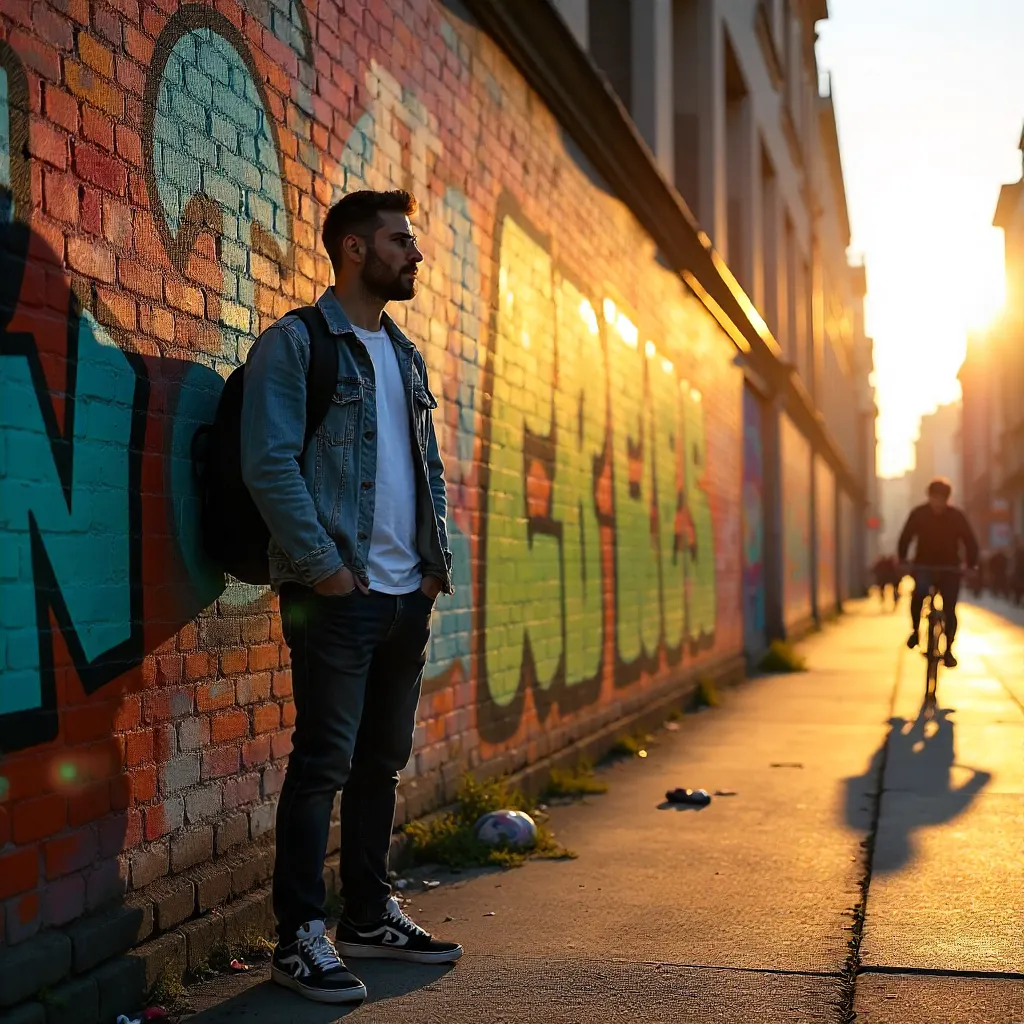 Berlin Street Light: Man by Graffiti Wall