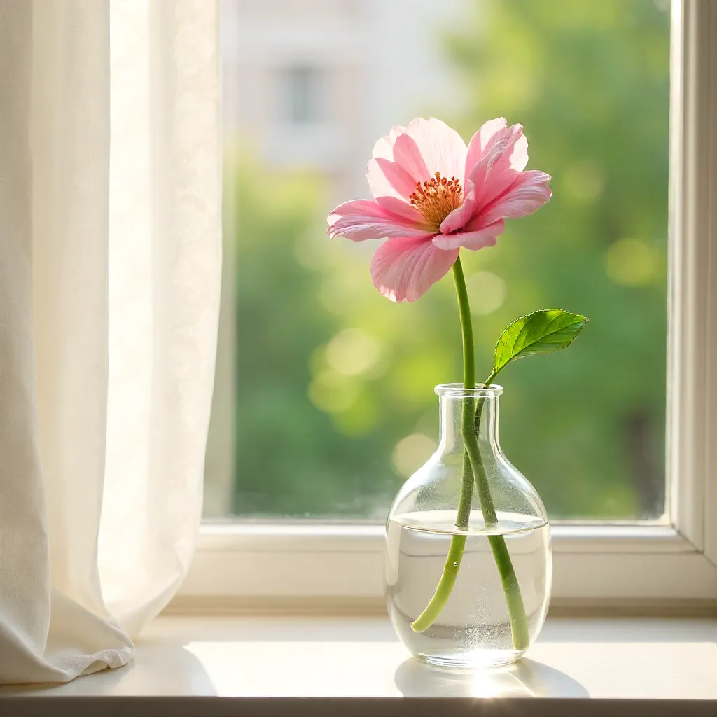 Elegant Pink Flower in Glass Vase on Windowsill with Sheer Curtains