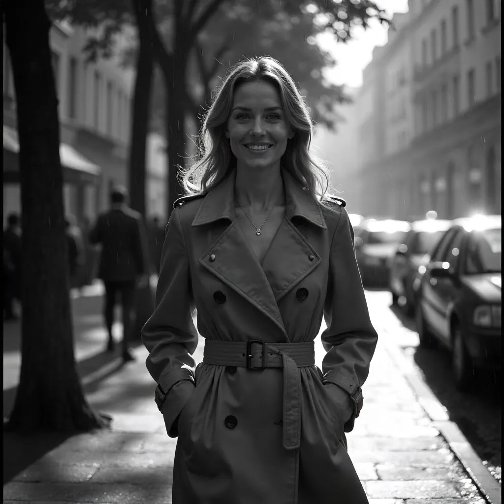 Smiling Woman in Trench Coat on a Tree-Lined Street (B&W)
