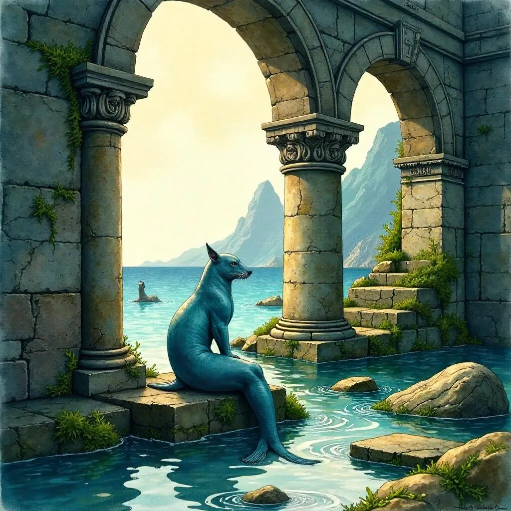 Selkie in Mossy Temple Ruins — Watercolor Dream