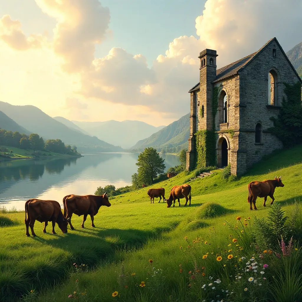 Cattle by a Lakeside Meadow beside a Historic Stone Building