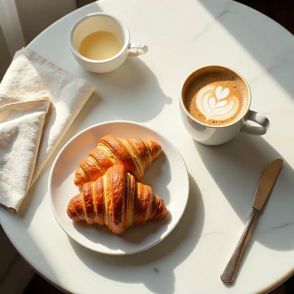 Aesthetic Top-Down Breakfast: Croissants & Coffee