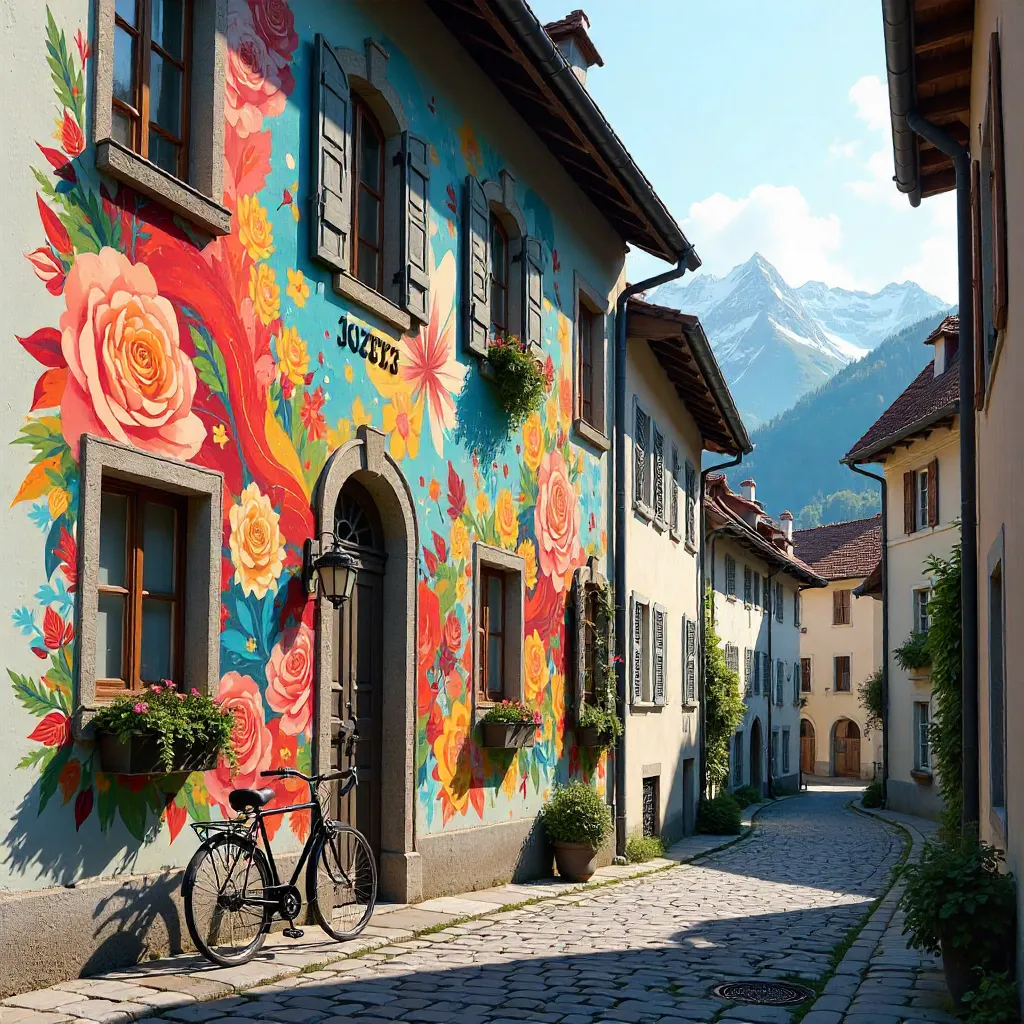 Vibrant mural on a Swiss alley facade