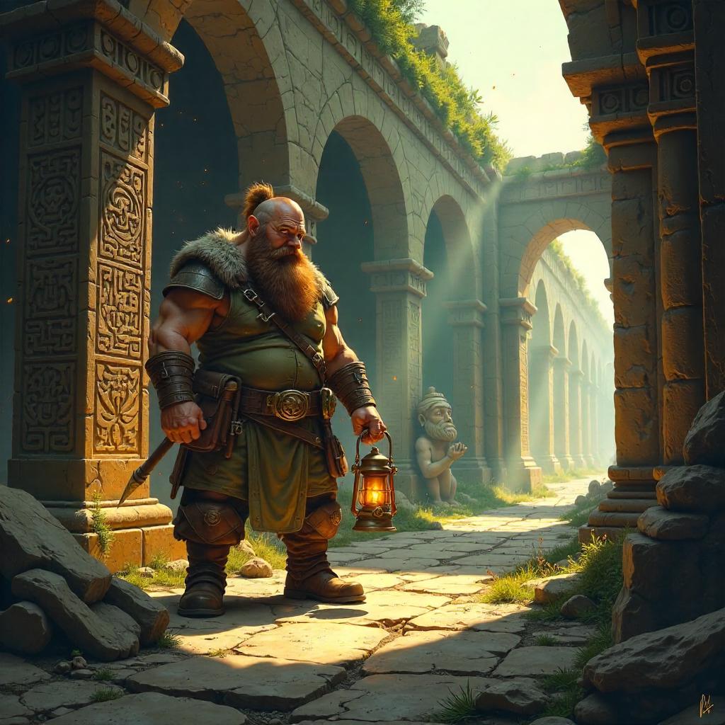 Dwarf Archaeologist Exploring Ancient Ruins (Digital Art)