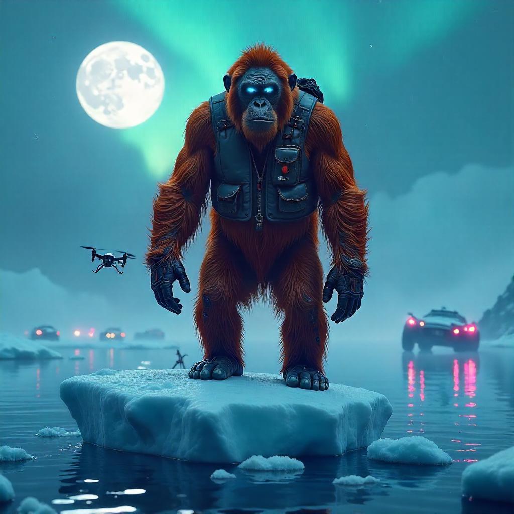 Cyberpunk Orangutan on a Floating Iceberg