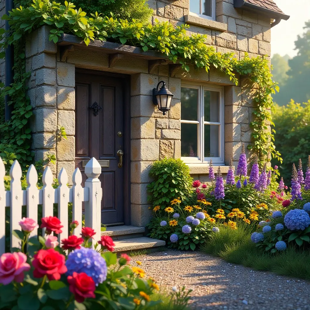 Charming Stone House Facade with Blooming Garden