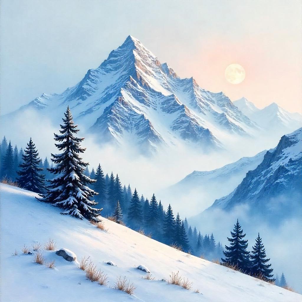 Fog-Wrapped Snow Summit in Watercolor