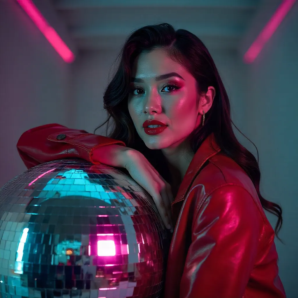 Red Jacket Portrait Leaning on a Reflective Disco Ball