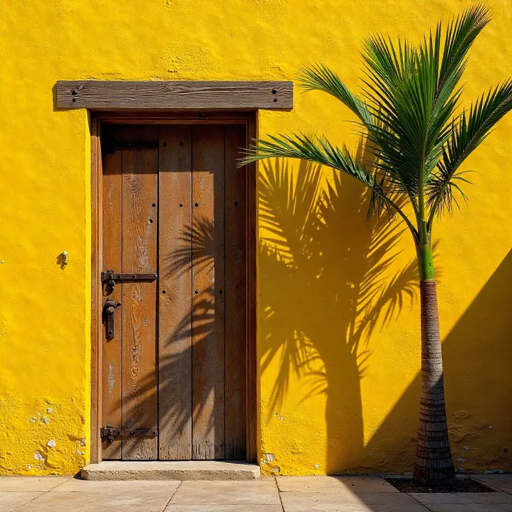 Rustic Door on a Bright Yellow Wall with Palm Tree