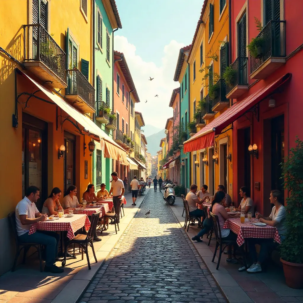 Vibrant European Street Café with Colorful Facades