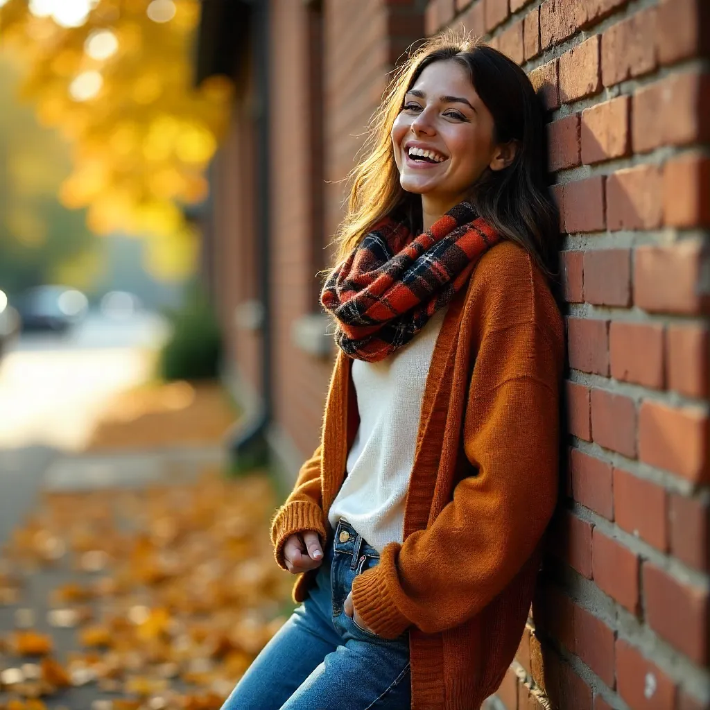 Laughing Woman in Autumn Light by Rustic Brick Wall