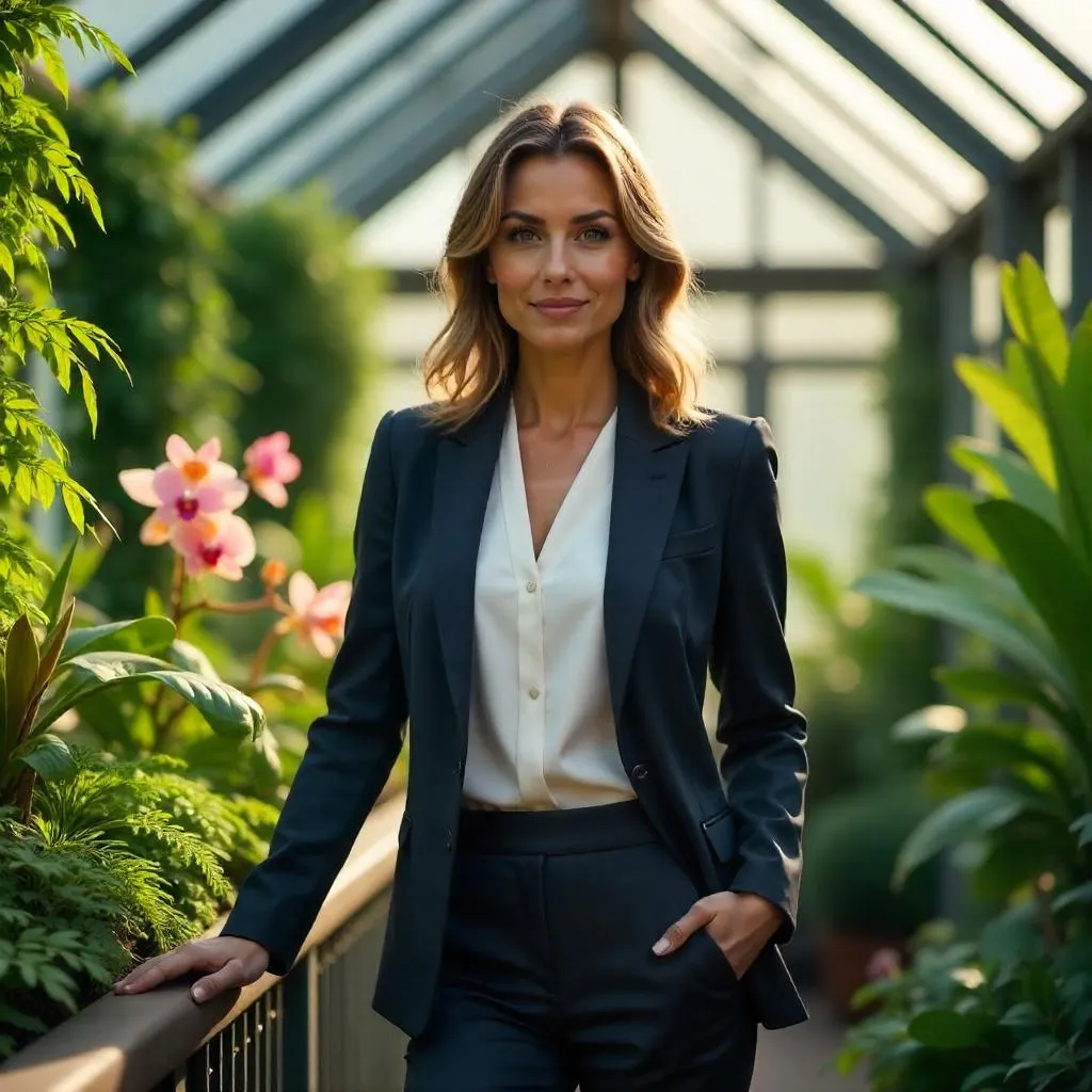Confident White Woman in a Lush Conservatory