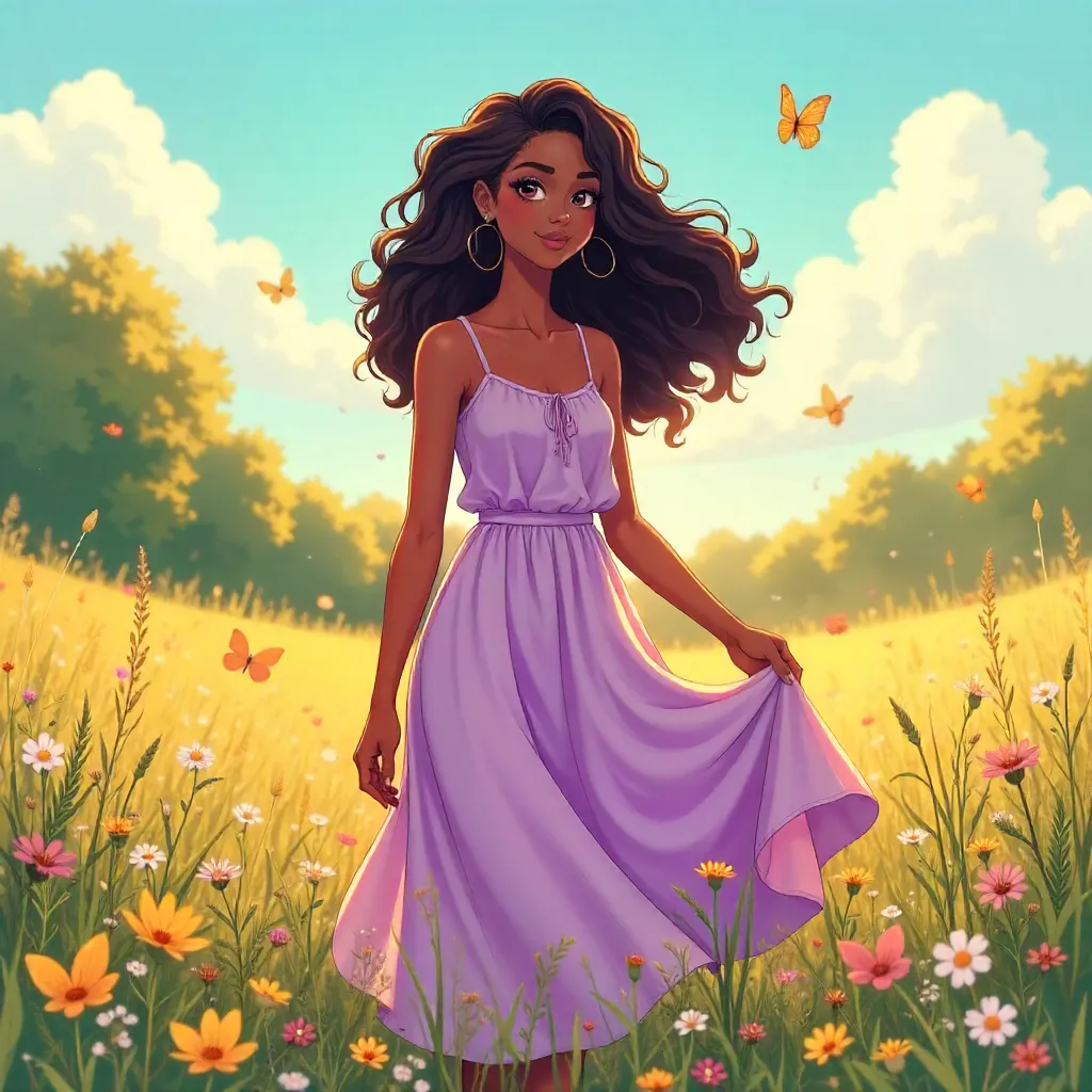 Meadow Dream: Black Anime Woman in Bloom