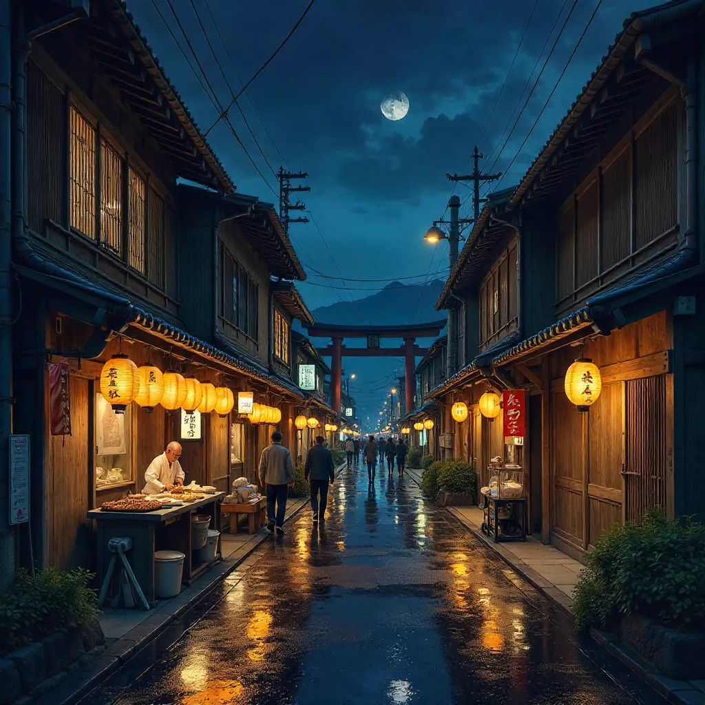 Lantern-Lit Night on a Traditional Japanese Street