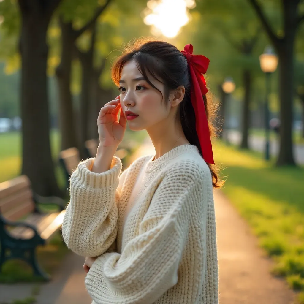 Red Ribbon Moment on a Serene Park Path