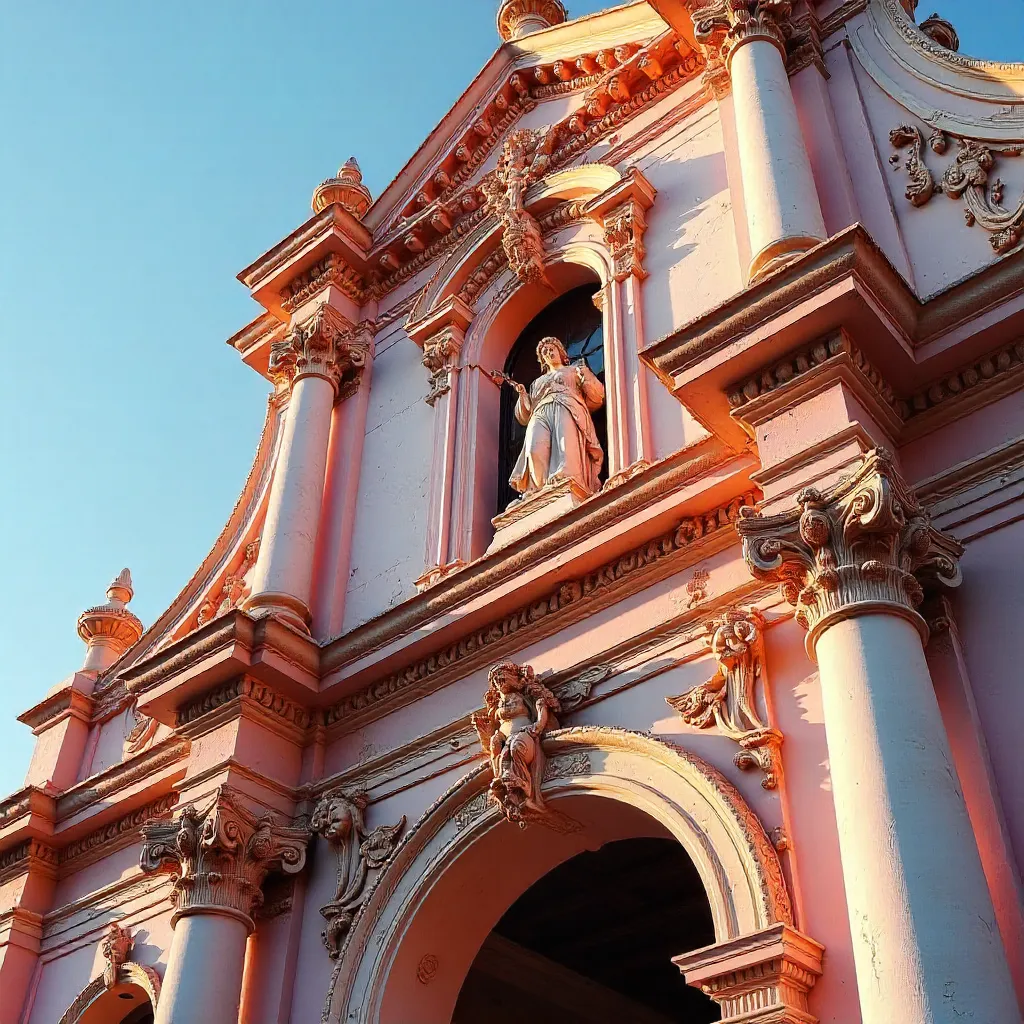 Pink Ornate Church Facade: Statues and Architectural Detail