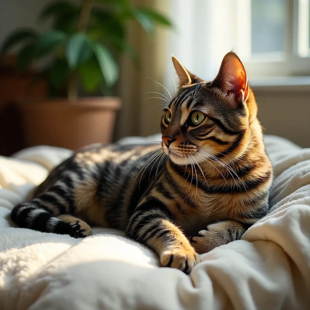 Intense Gaze of a Striped Cat Indoors