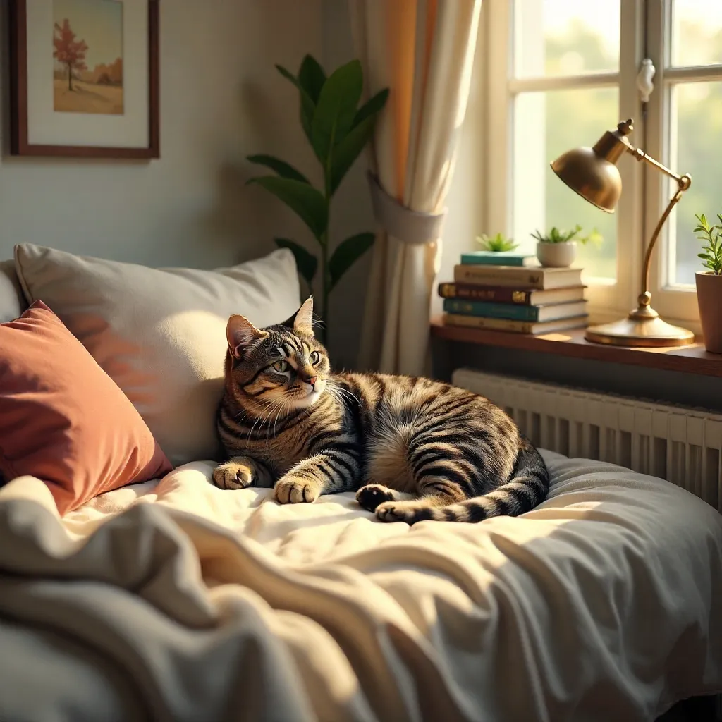 Grey Tabby Cat in a Cozy Bed Among Books