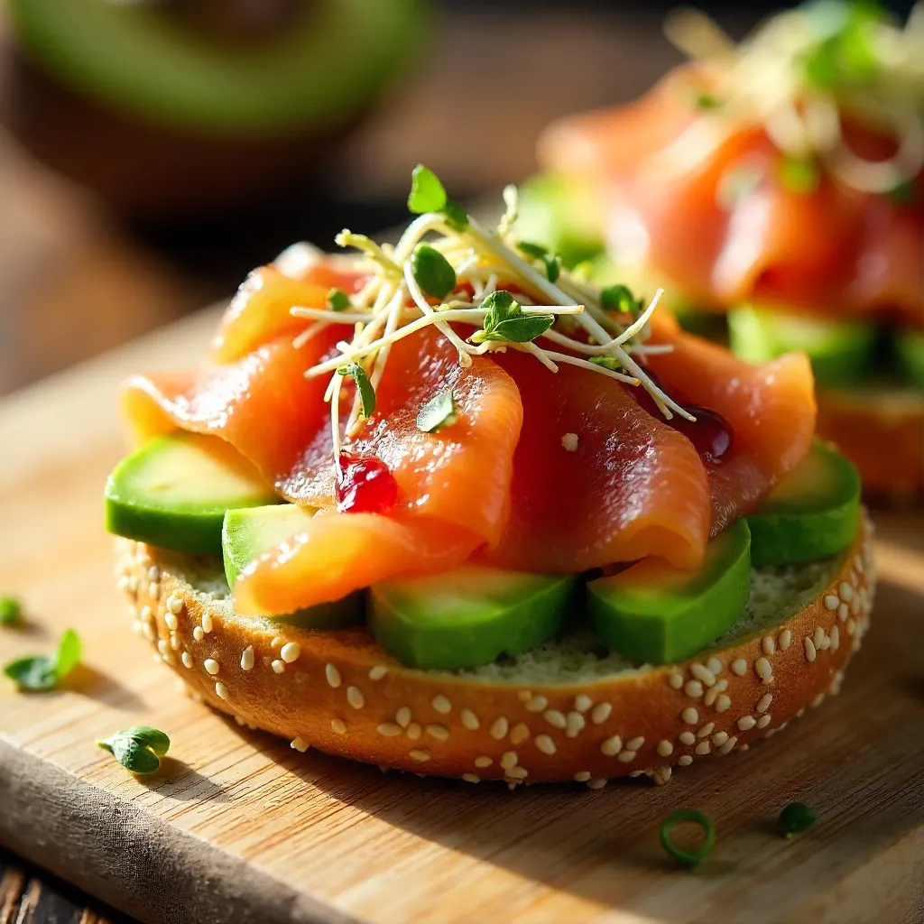 Healthy Brunch Bagel with Salmon, Avocado & Beet Sauce