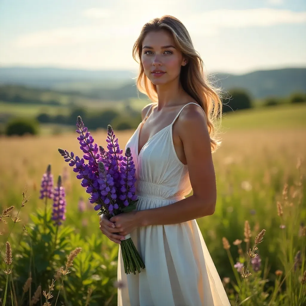 Young Woman in White with Lupine Bouquet in Summer Field