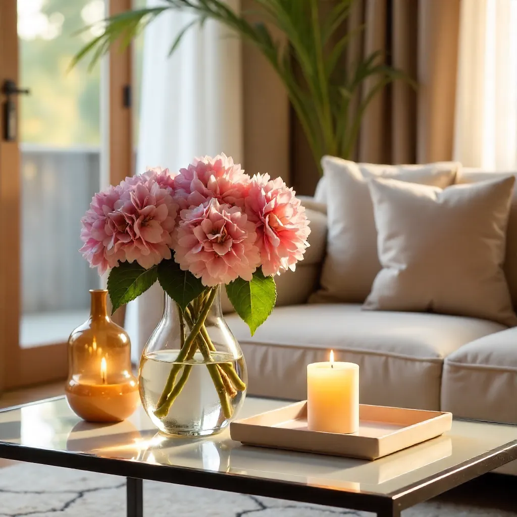 Cozy Modern Interior with Pink Hydrangeas and Candlelight