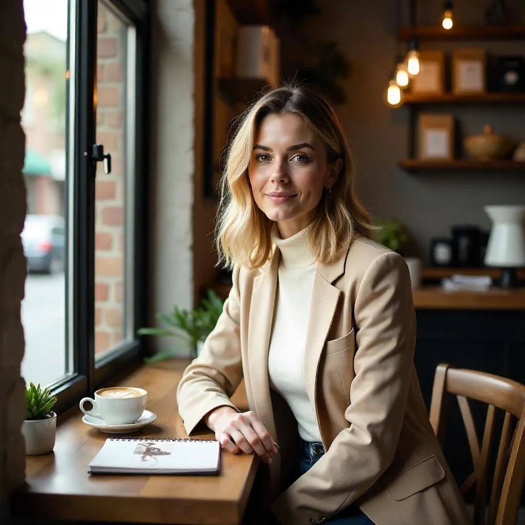 Stylish White Woman in a Photorealistic Coffee Shop