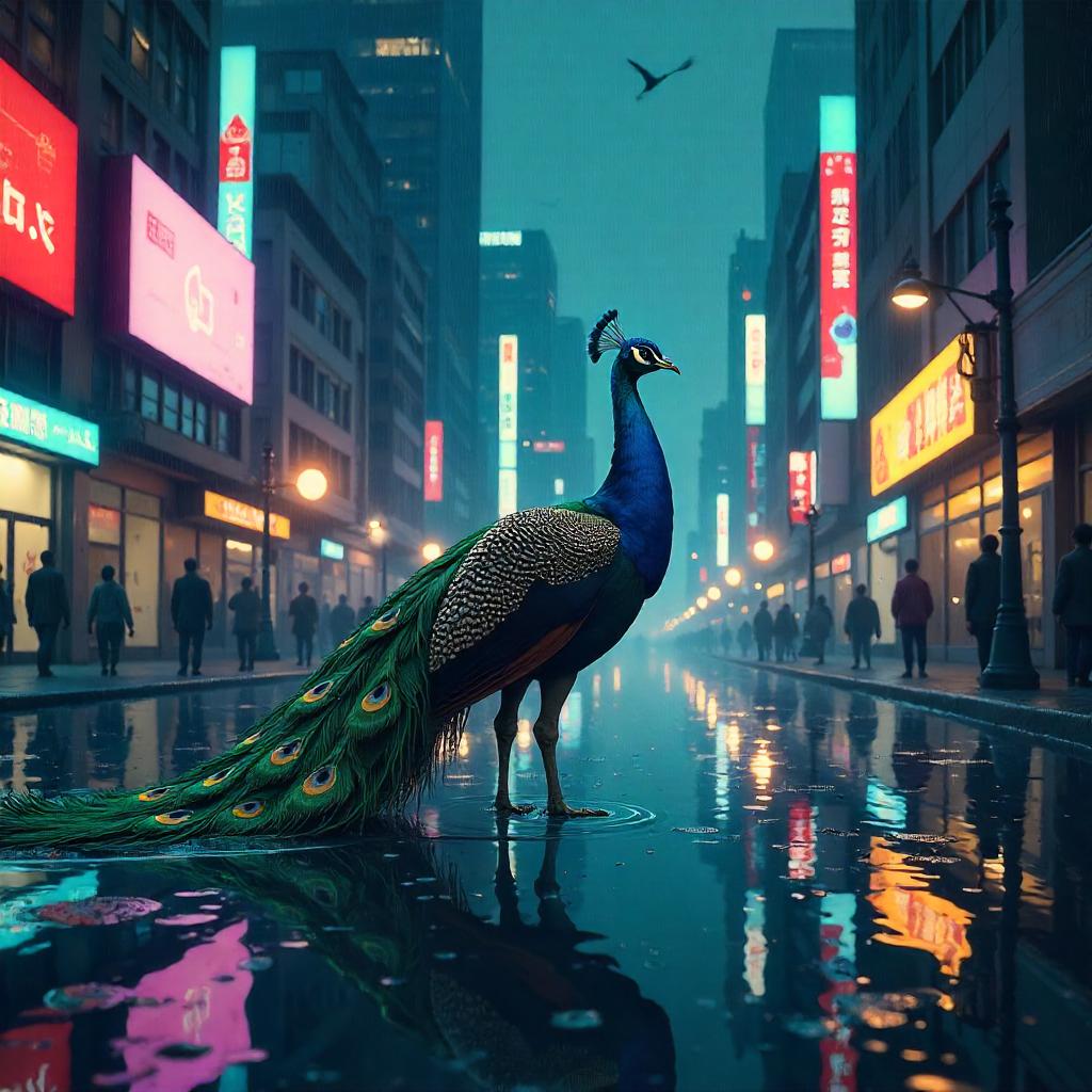 Peacock in a Neon Flooded City - Anime Style
