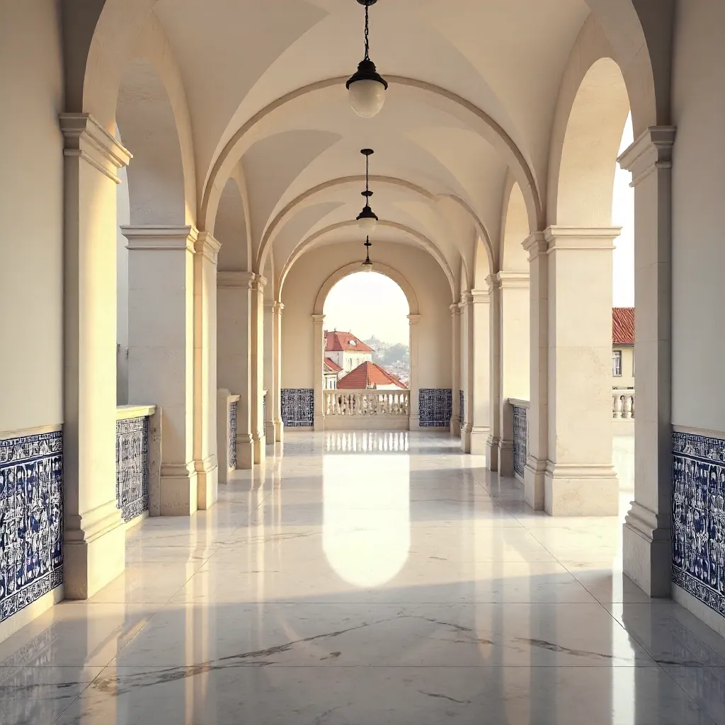 Serene Marble Corridor with Classic Arches in Lisbon