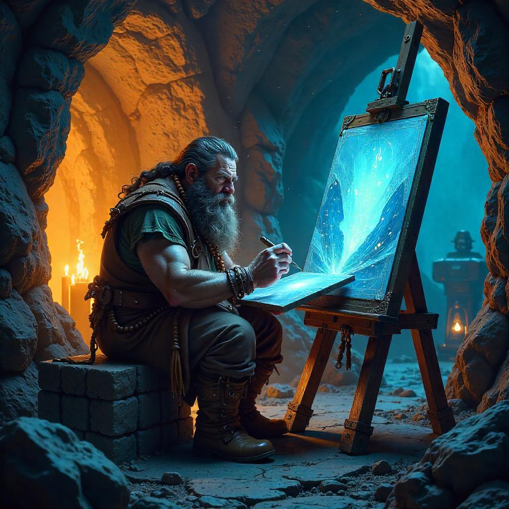 Dwarf Artist in a Crystal-lit Mine Creating Digital Art