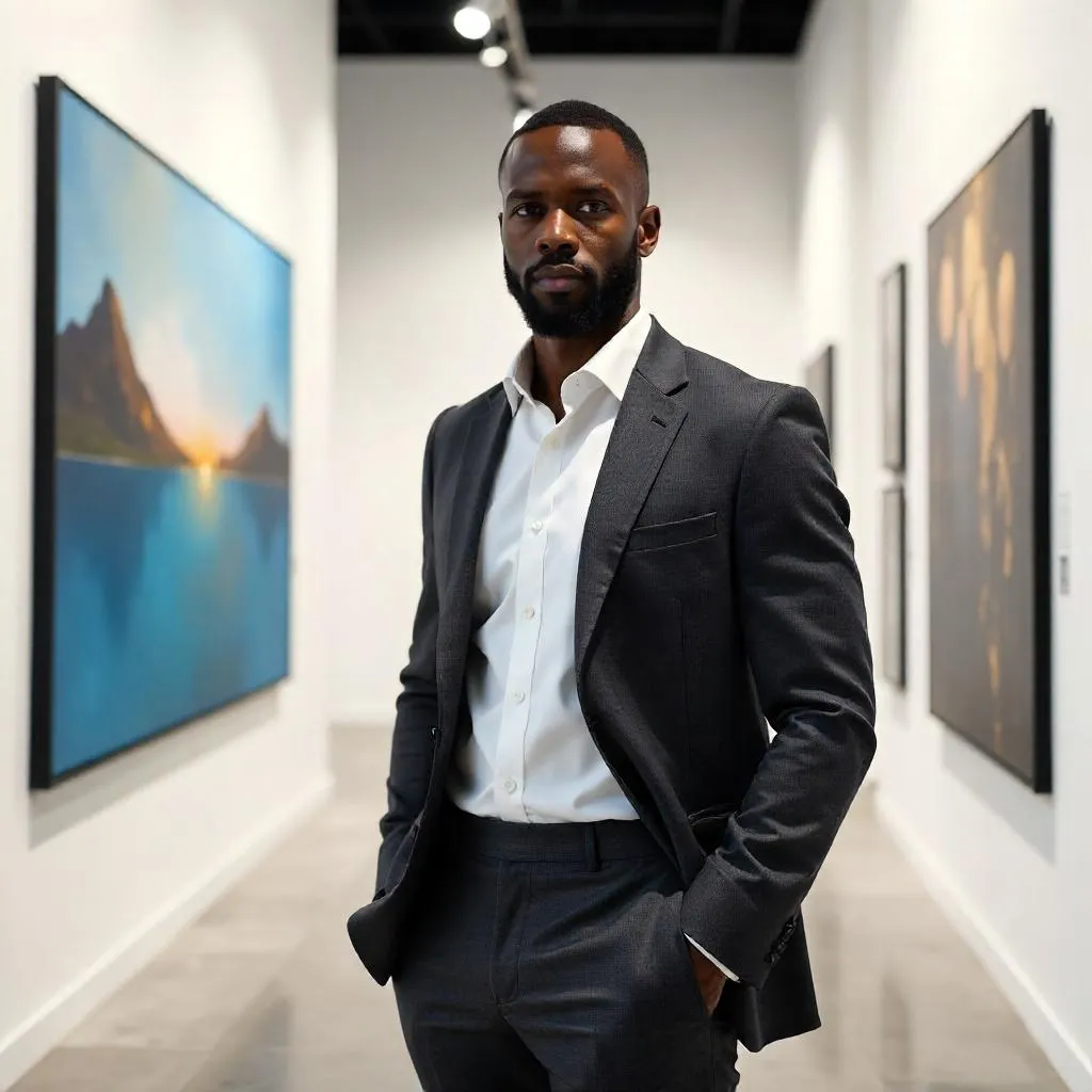 Confident Black Man in a Photorealistic Art Gallery
