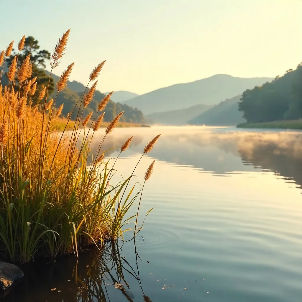 Golden Reed Grass by a Tranquil Minas Lake at Dawn