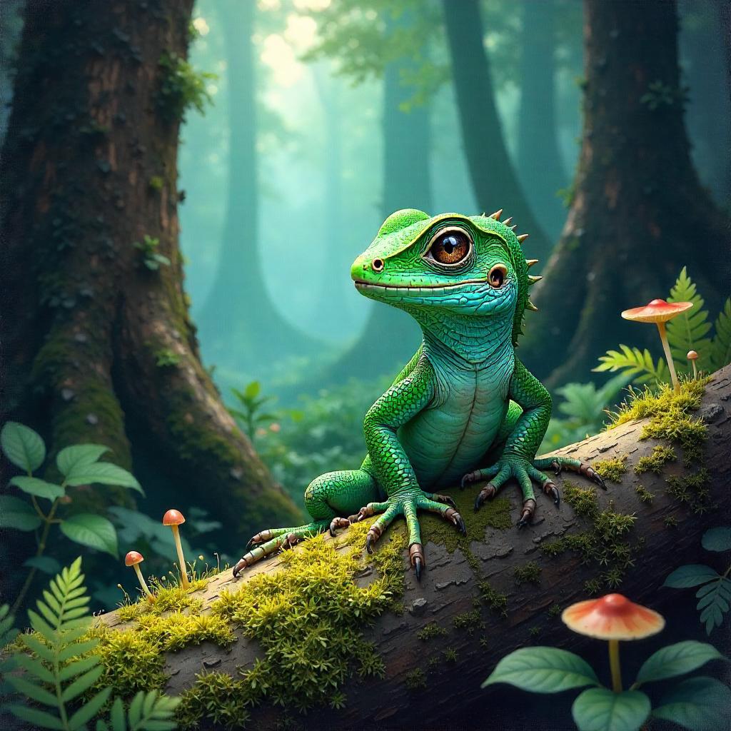 Lizard in a Watercolor Forest at Night