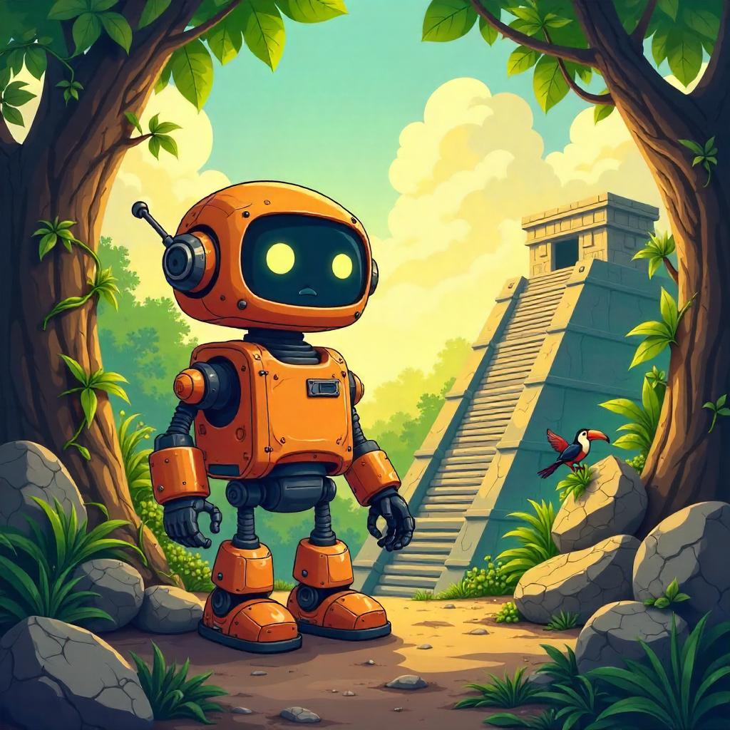 Robot Explorer in Mayan Ruins (Cartoon Style)