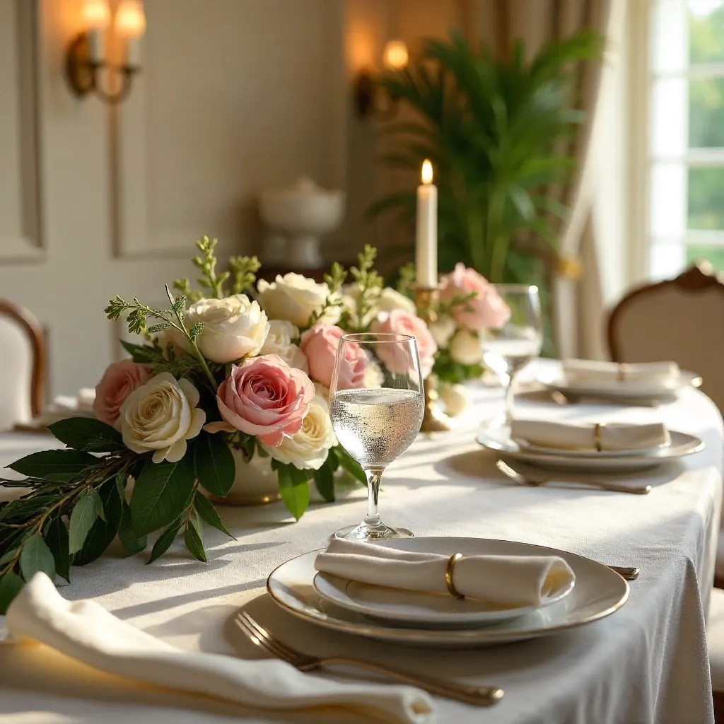 Elegant Dining Table in Soft Lighting with Floral Centerpiece
