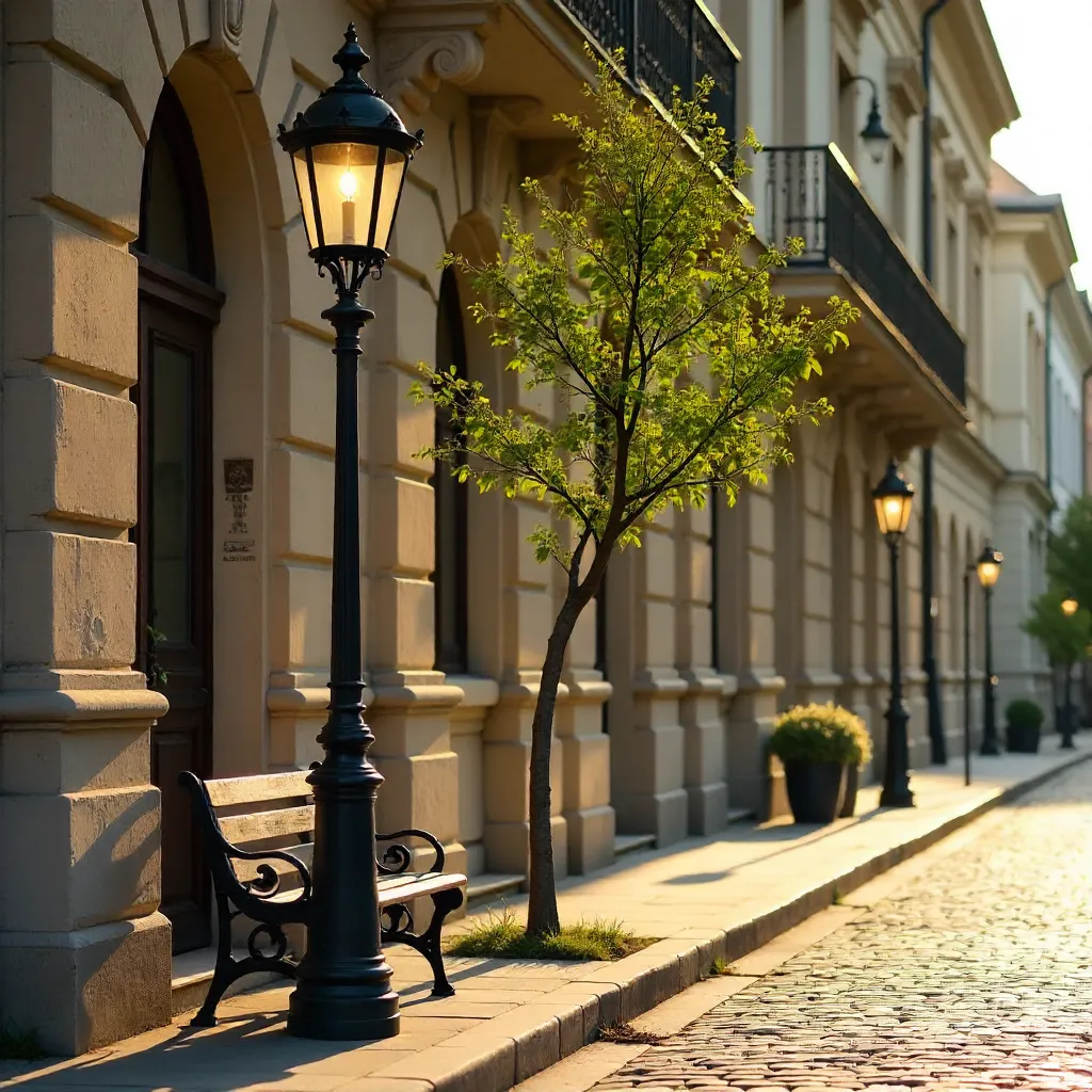 Quiet Street: Lamppost, Bench, and Elegant Facade