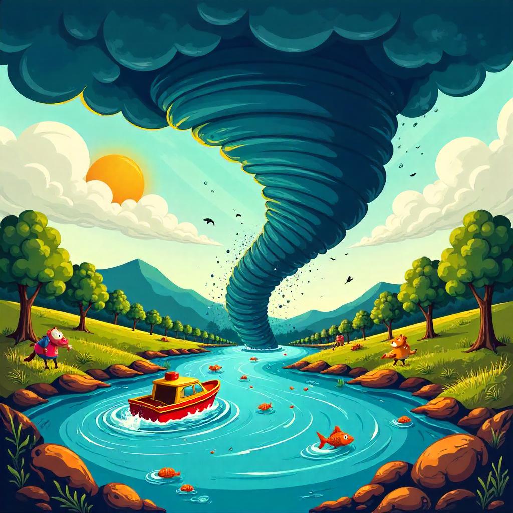 Whimsical Cartoon River Inside a Tornado
