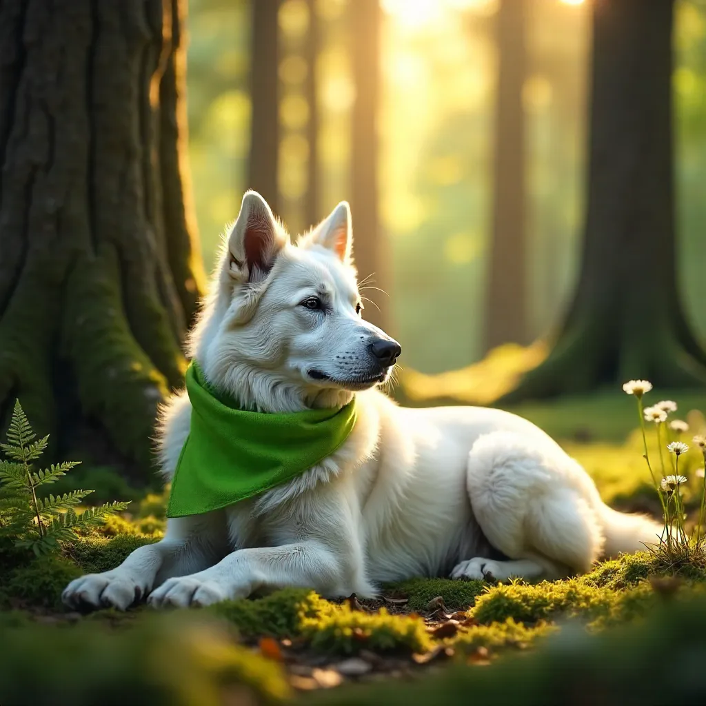 White Dog in a Sunlit Forest Glade with Green Scarf
