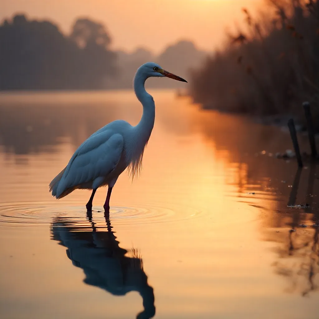 Graceful Egret at Sunset Reflecting Peace