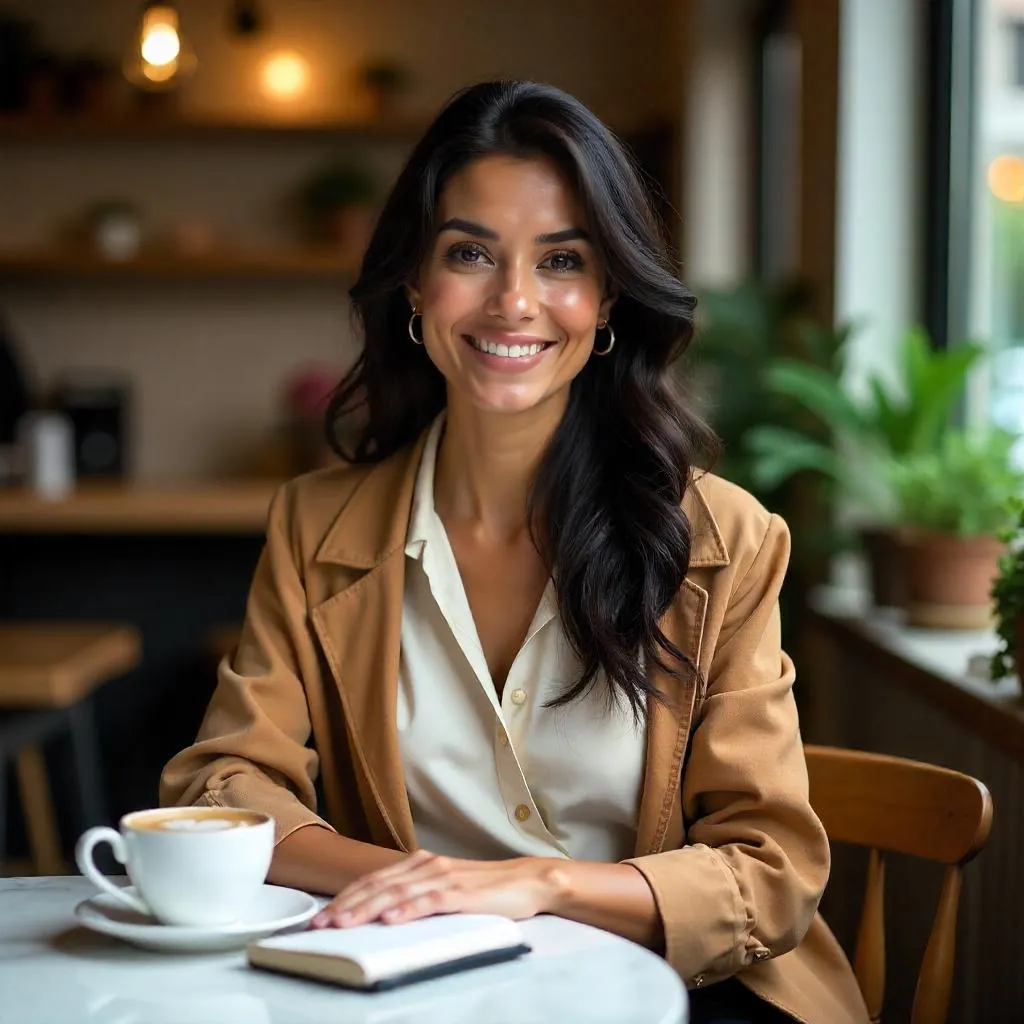 Stylish Latina Woman in a Photorealistic Coffee Shop